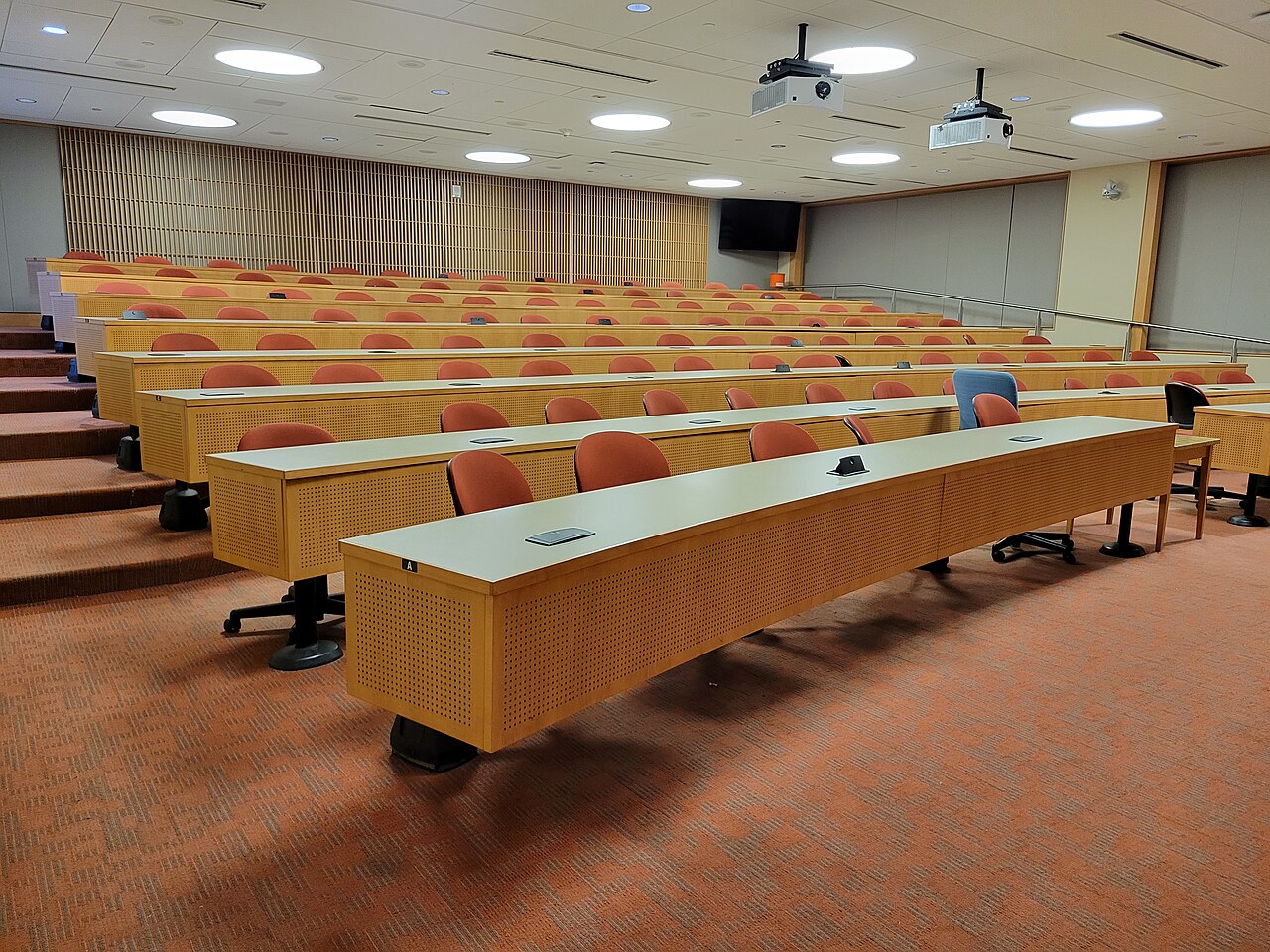 Rows of empty desks in a university classroom