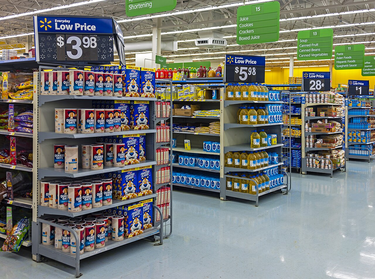 Product displays and stocked aisles at a Walmart store