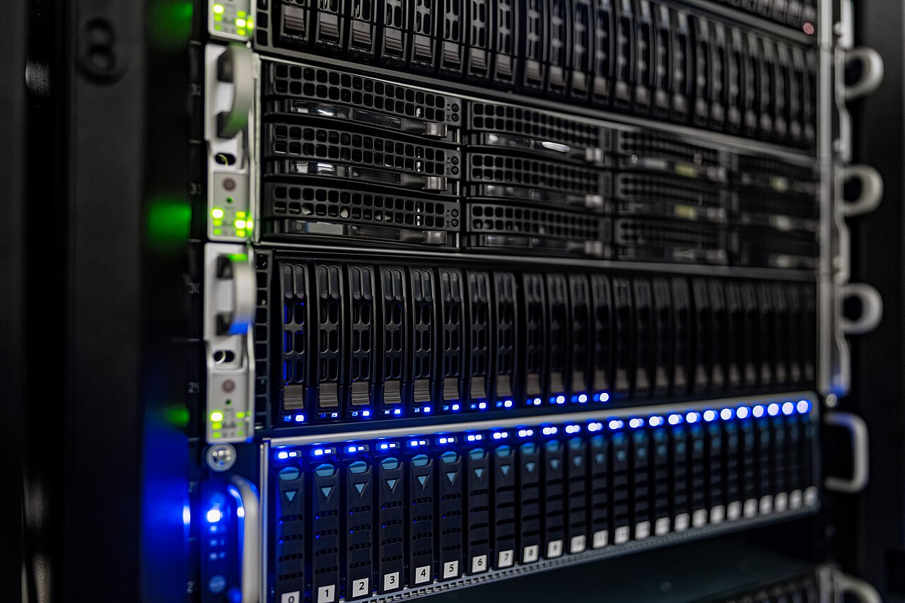 Illuminated server racks in a computer room