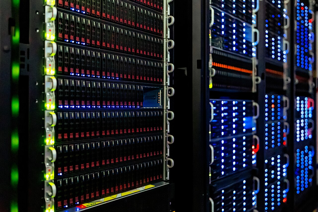 Illuminated server racks at NOIRLab headquarters in Tucson, Arizona