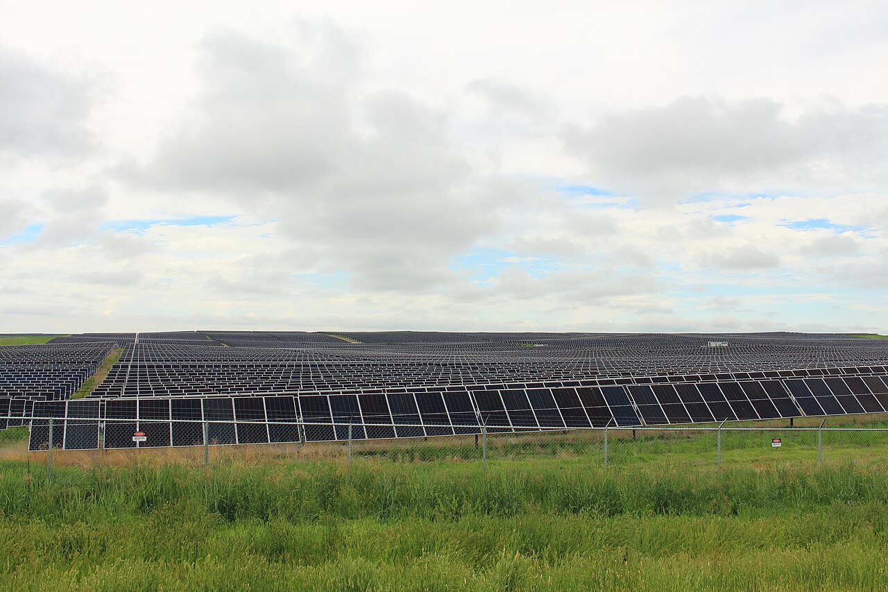 Rows of photovoltaic panels at Travers Solar Farm in Alberta